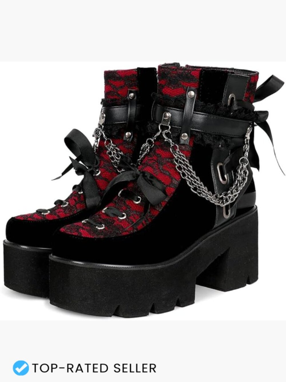 Victorian Lace Platform Goth Boots Chunky High Heels Lace-Up Combat Ankle